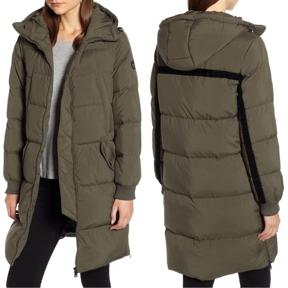 New Bernardo Long Puffer Coat Navy/Teal 60% Duck Down & Feather Fill Size Medium - Picture 3 of 16